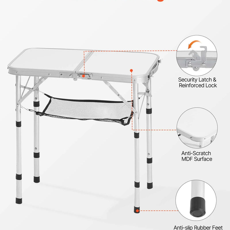 Saliekams kempinga galds, regulējama augstuma, pārnēsājams alumīnija un MDF sānu galds ar sieta plauktu un rokturi, viegls un kompakts galds āra piknikam, grilēšanai un atpūtai pie jūras, 60 × 40 cm, sudraba krāsa