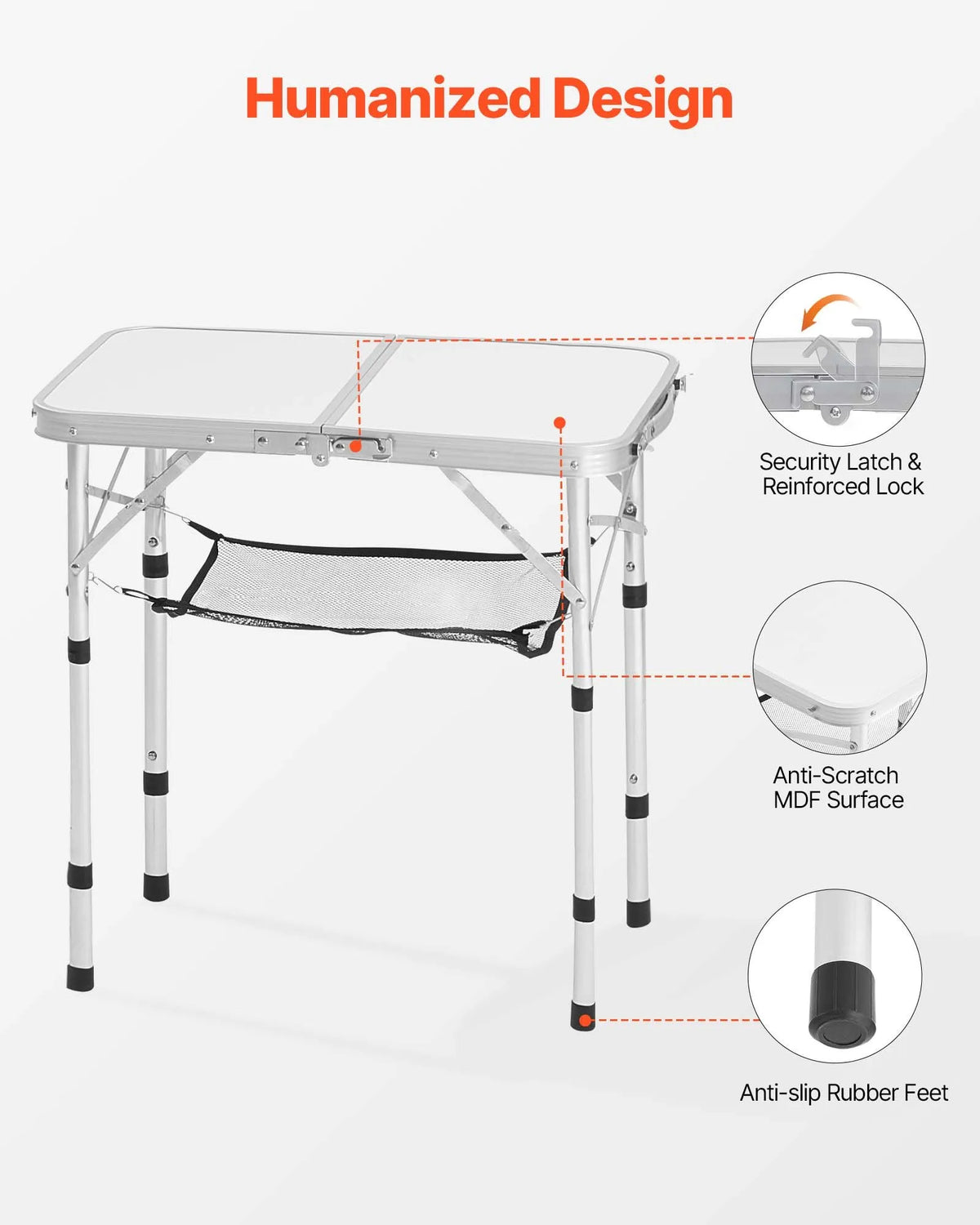 Folding Camping Table, Adjustable Height, Portable Aluminium and MDF Side Table with Mesh Shelf and Handle, Lightweight and Compact Table for Outdoor Picnic, Barbecue and Beach Relaxation, 60 × 40 cm, Silver