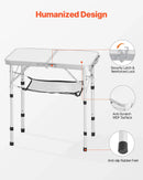 Saliekams kempinga galds, regulējama augstuma, pārnēsājams alumīnija un MDF sānu galds ar sieta plauktu un rokturi, viegls un kompakts galds āra piknikam, grilēšanai un atpūtai pie jūras, 60 × 40 cm, sudraba krāsa