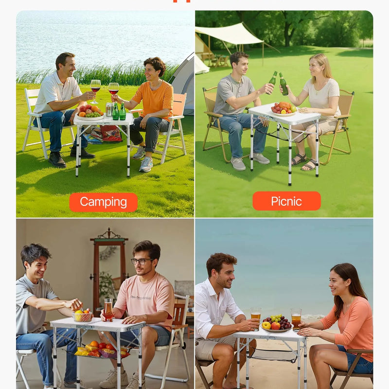 Saliekams kempinga galds, regulējama augstuma, pārnēsājams alumīnija un MDF sānu galds ar sieta plauktu un rokturi, viegls un kompakts galds āra piknikam, grilēšanai un atpūtai pie jūras, 60 × 40 cm, sudraba krāsa