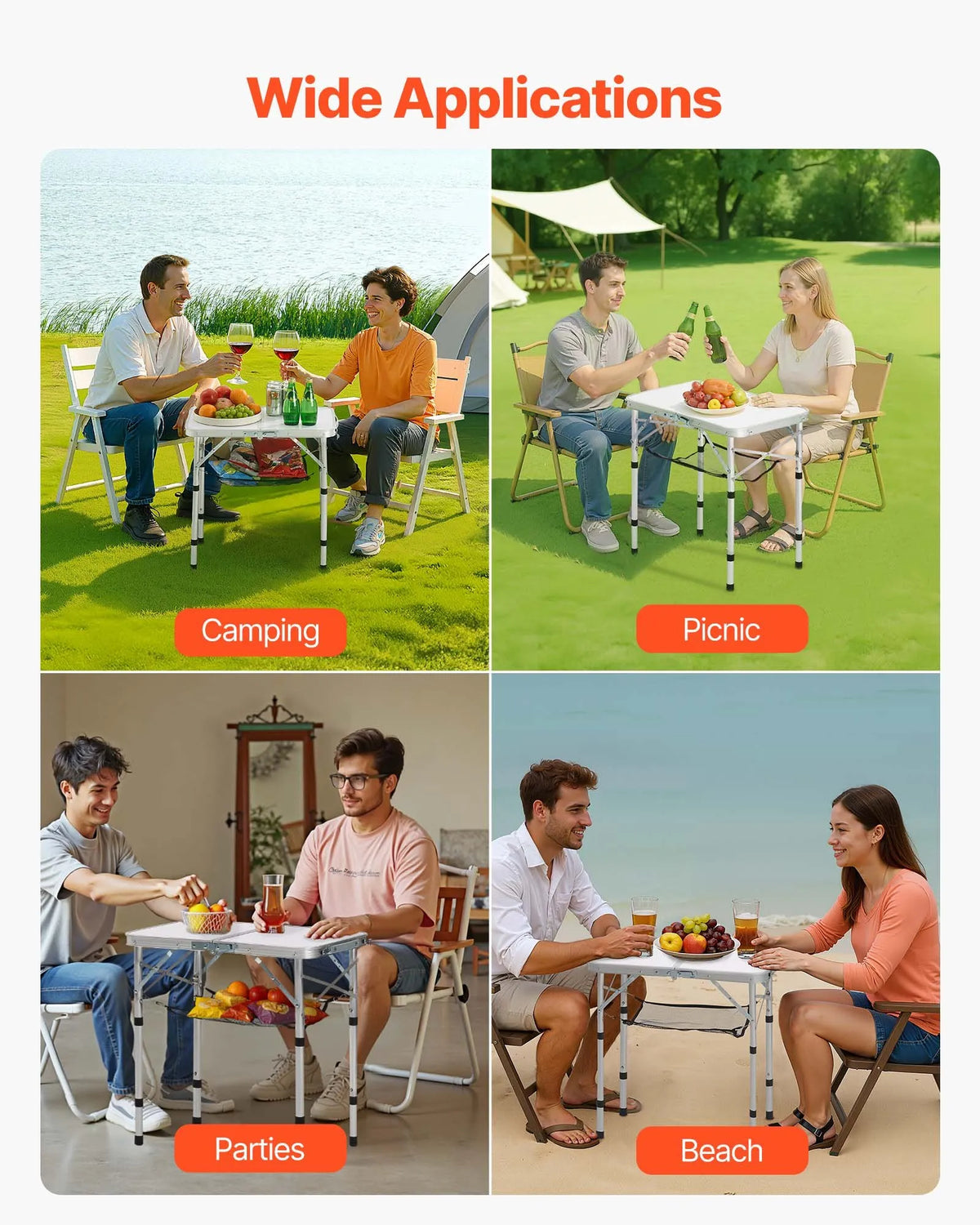 Folding Camping Table, Adjustable Height, Portable Aluminium and MDF Side Table with Mesh Shelf and Handle, Lightweight and Compact Table for Outdoor Picnic, Barbecue and Beach Relaxation, 60 × 40 cm, Silver