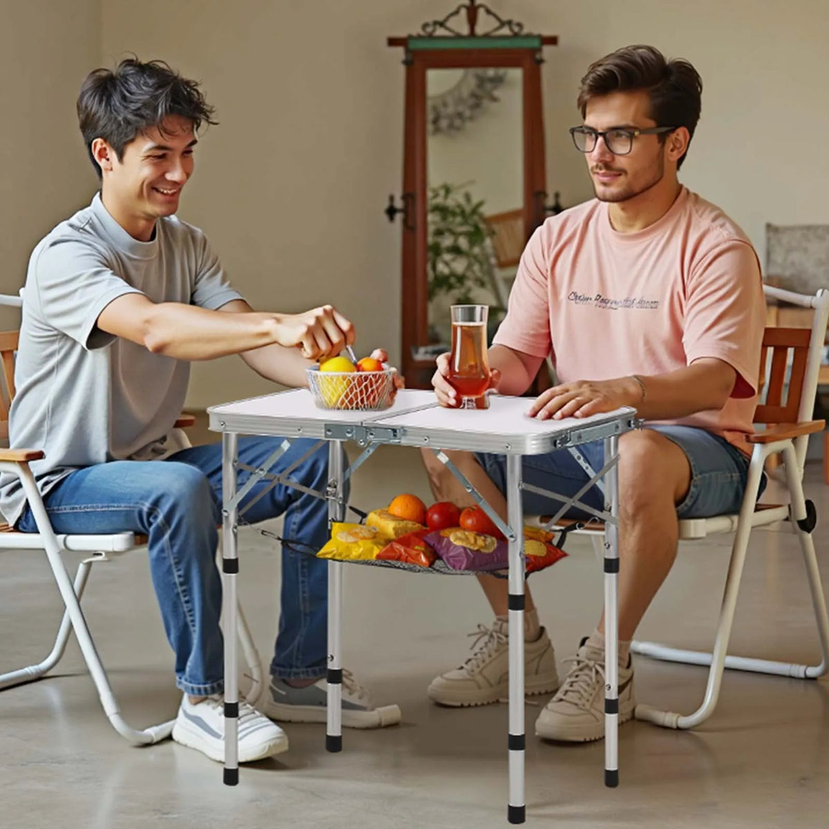 Folding Camping Table, Adjustable Height, Portable Aluminium and MDF Side Table with Mesh Shelf and Handle, Lightweight and Compact Table for Outdoor Picnic, Barbecue and Beach Relaxation, 60 × 40 cm, Silver