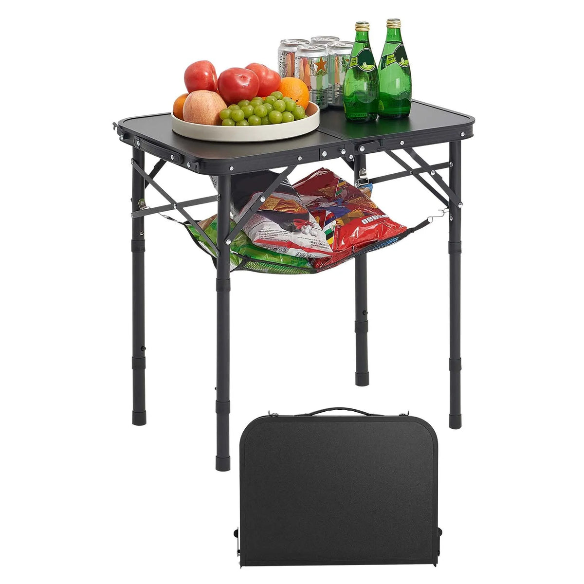 Folding Camping Table with Adjustable Height, Portable Aluminium and MDF Side Table with Mesh Shelf and Handle, Lightweight and Compact for Outdoor Picnics, Grilling and Camping, 60 × 40 cm, Black