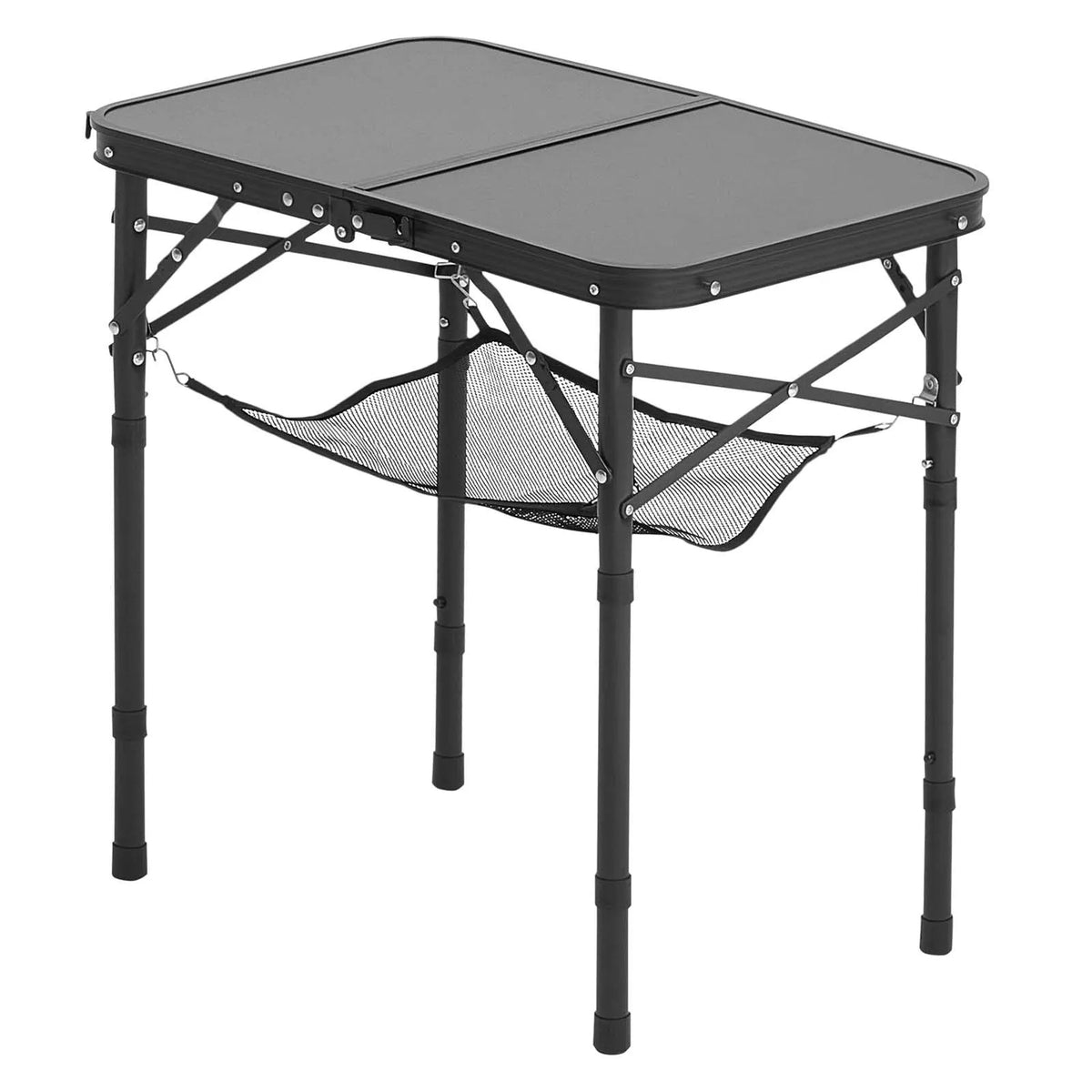 Folding Camping Table with Adjustable Height, Portable Aluminium and MDF Side Table with Mesh Shelf and Handle, Lightweight and Compact for Outdoor Picnics, Grilling and Camping, 60 × 40 cm, Black