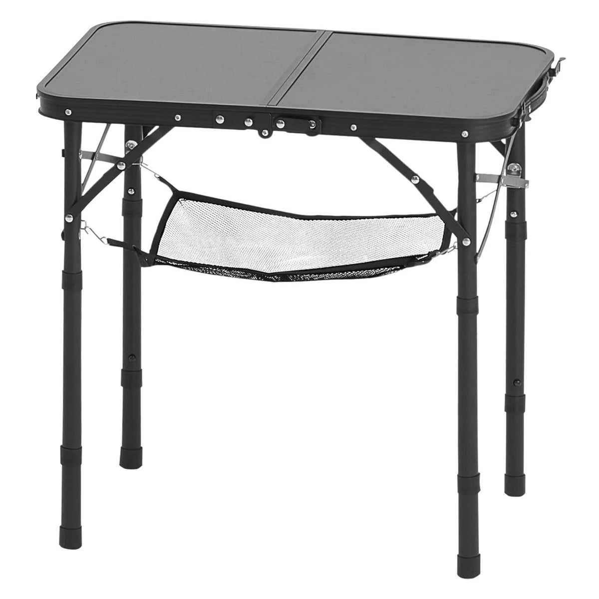 Folding Camping Table with Adjustable Height, Portable Aluminium and MDF Side Table with Mesh Shelf and Handle, Lightweight and Compact for Outdoor Picnics, Grilling and Camping, 60 × 40 cm, Black