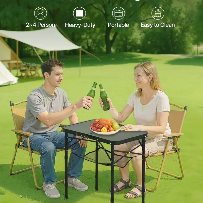 Saliekams kempinga galds ar regulējamu augstumu, pārnēsājams alumīnija un MDF sānu galds ar sieta plauktu un rokturi, viegls un kompakts āra piknikiem, grilēšanai un kempingam, 60 × 40 cm, melns