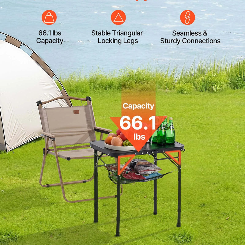 Saliekams kempinga galds ar regulējamu augstumu, pārnēsājams alumīnija un MDF sānu galds ar sieta plauktu un rokturi, viegls un kompakts āra piknikiem, grilēšanai un kempingam, 60 × 40 cm, melns