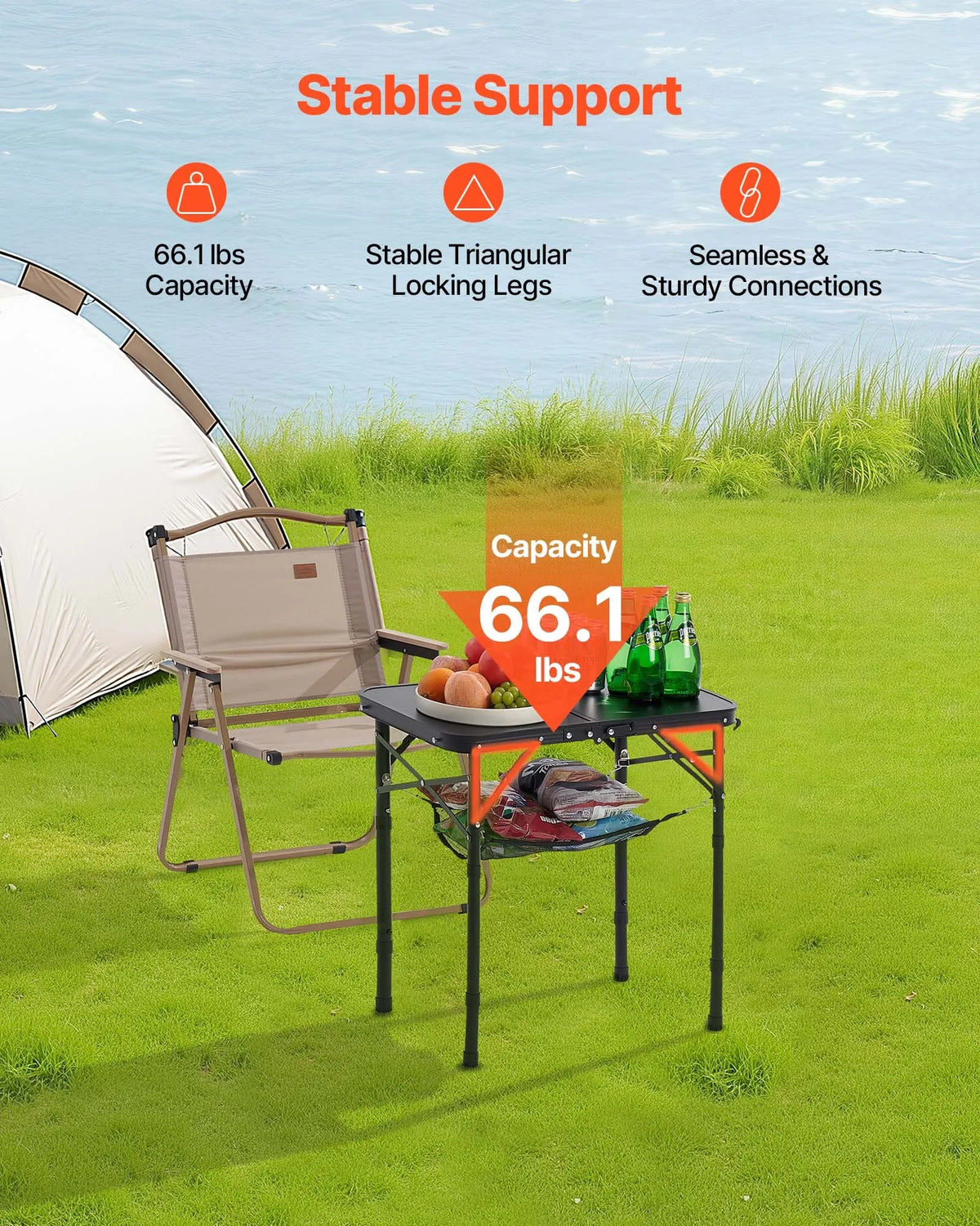 Folding Camping Table with Adjustable Height, Portable Aluminium and MDF Side Table with Mesh Shelf and Handle, Lightweight and Compact for Outdoor Picnics, Grilling and Camping, 60 × 40 cm, Black