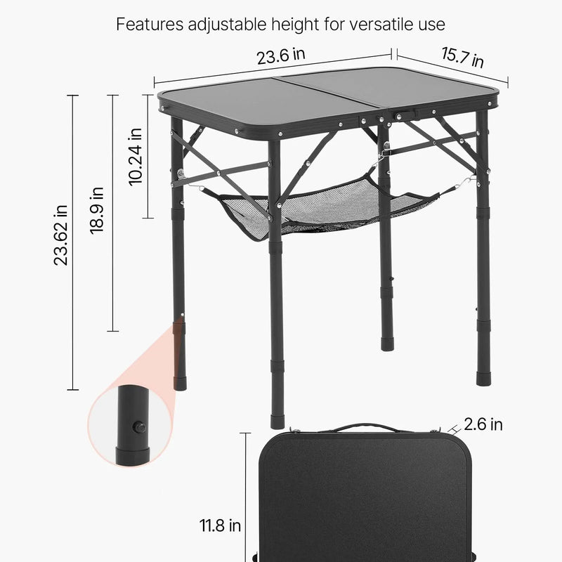 Saliekams kempinga galds ar regulējamu augstumu, pārnēsājams alumīnija un MDF sānu galds ar sieta plauktu un rokturi, viegls un kompakts āra piknikiem, grilēšanai un kempingam, 60 × 40 cm, melns