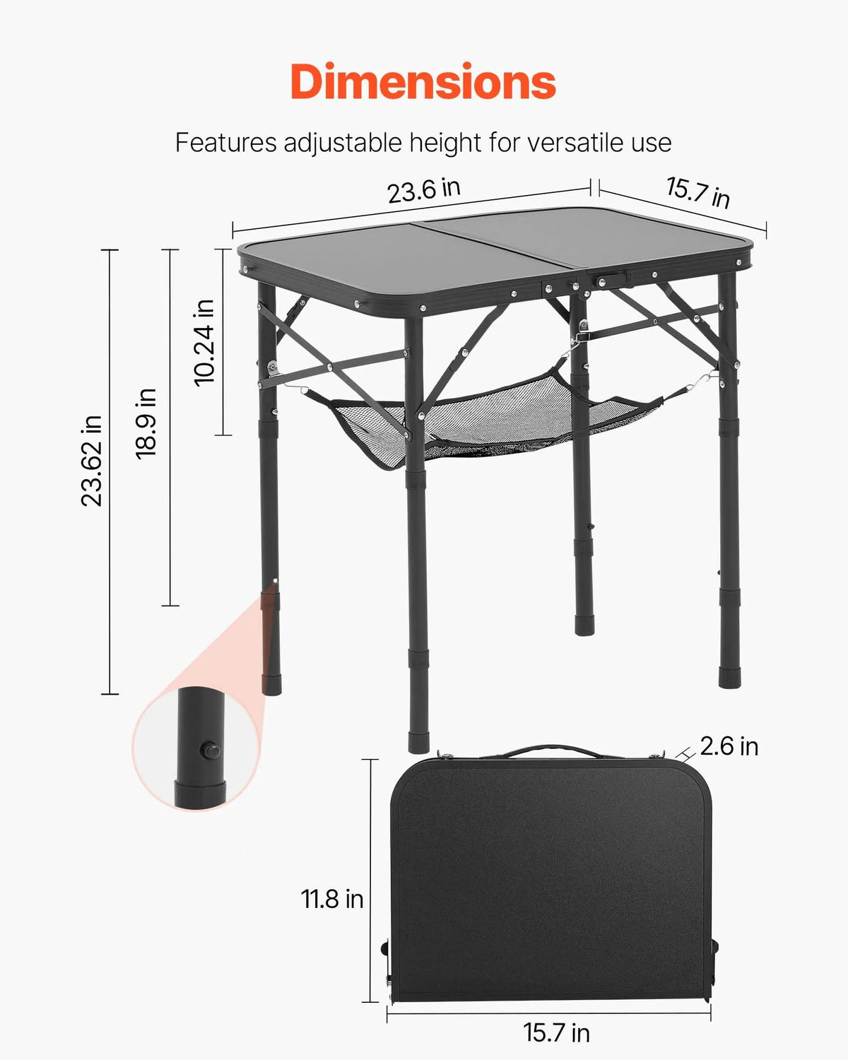 Folding Camping Table with Adjustable Height, Portable Aluminium and MDF Side Table with Mesh Shelf and Handle, Lightweight and Compact for Outdoor Picnics, Grilling and Camping, 60 × 40 cm, Black