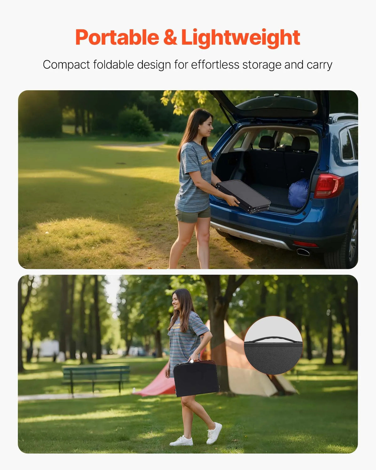 Folding Camping Table with Adjustable Height, Portable Aluminium and MDF Side Table with Mesh Shelf and Handle, Lightweight and Compact for Outdoor Picnics, Grilling and Camping, 60 × 40 cm, Black