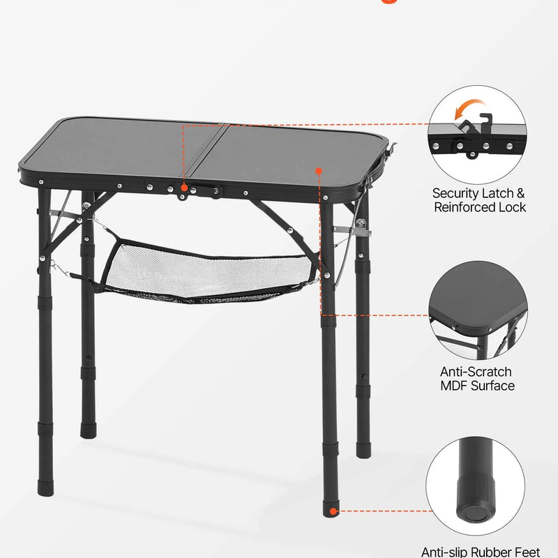 Saliekams kempinga galds ar regulējamu augstumu, pārnēsājams alumīnija un MDF sānu galds ar sieta plauktu un rokturi, viegls un kompakts āra piknikiem, grilēšanai un kempingam, 60 × 40 cm, melns