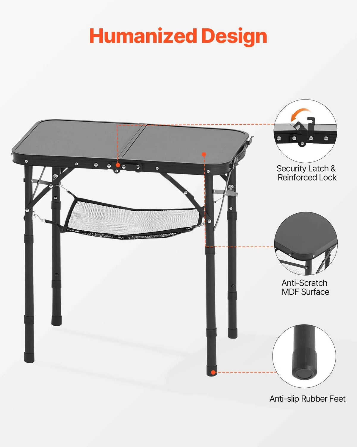 Folding Camping Table with Adjustable Height, Portable Aluminium and MDF Side Table with Mesh Shelf and Handle, Lightweight and Compact for Outdoor Picnics, Grilling and Camping, 60 × 40 cm, Black