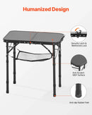 Saliekams kempinga galds ar regulējamu augstumu, pārnēsājams alumīnija un MDF sānu galds ar sieta plauktu un rokturi, viegls un kompakts āra piknikiem, grilēšanai un kempingam, 60 × 40 cm, melns