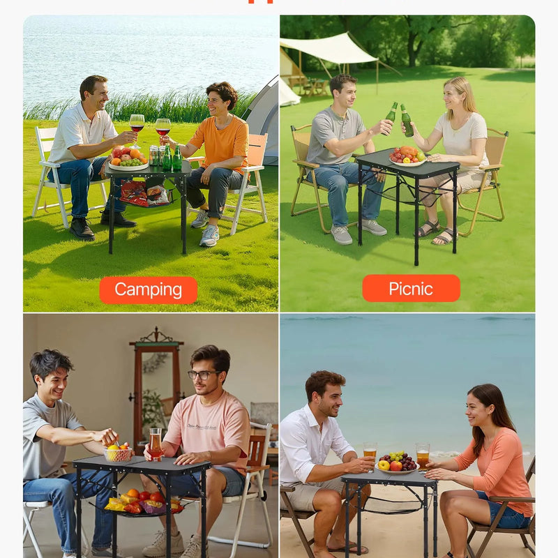 Saliekams kempinga galds ar regulējamu augstumu, pārnēsājams alumīnija un MDF sānu galds ar sieta plauktu un rokturi, viegls un kompakts āra piknikiem, grilēšanai un kempingam, 60 × 40 cm, melns