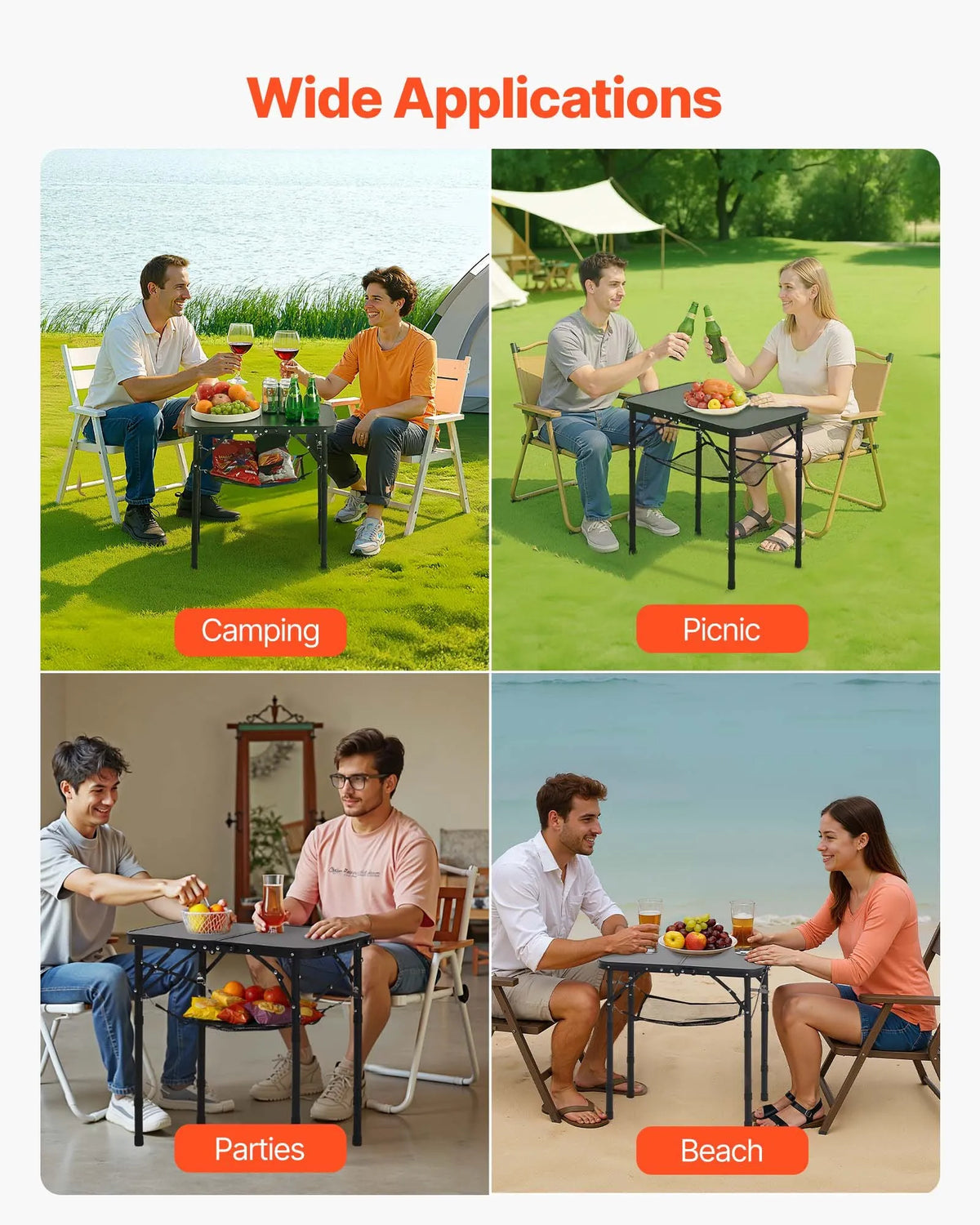Folding Camping Table with Adjustable Height, Portable Aluminium and MDF Side Table with Mesh Shelf and Handle, Lightweight and Compact for Outdoor Picnics, Grilling and Camping, 60 × 40 cm, Black