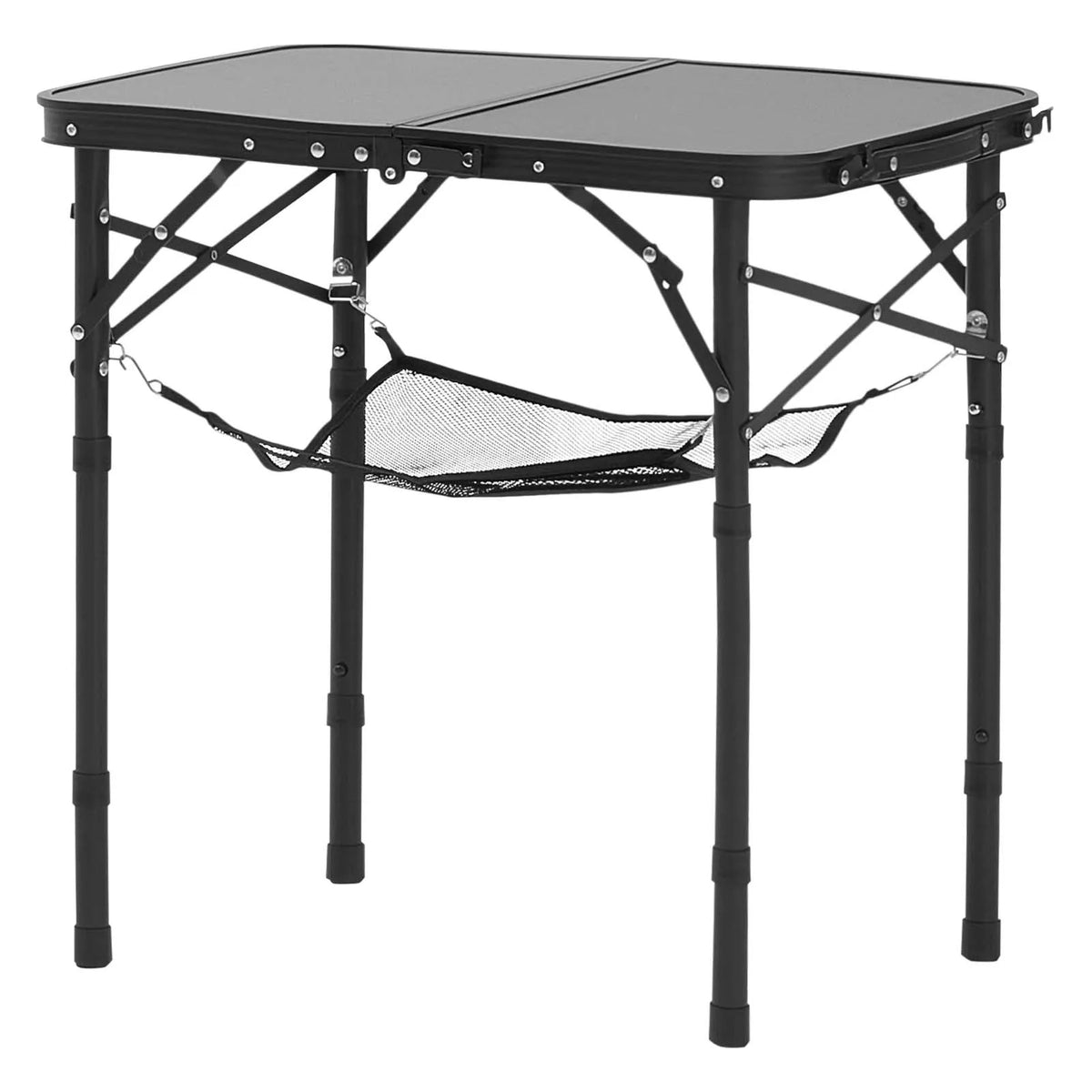 Folding Camping Table with Adjustable Height, Portable Aluminium and MDF Side Table with Mesh Shelf and Handle, Lightweight and Compact for Outdoor Picnics, Grilling and Camping, 60 × 40 cm, Black
