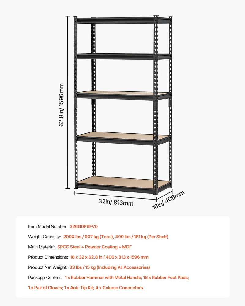 Uzglabāšanas plaukti 5 līmeņi, 40,6 cm dziļums x 81,3 cm platums x 159,5 cm augstums, metāla plauktu sistēma garāžai