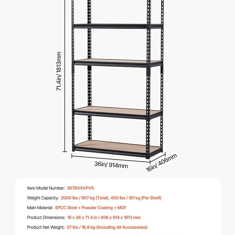 Uzglabāšanas plaukti 5 līmeņu, garāžas plauktu sistēma, 406 mm dziļums × 914 mm platums × 1815 mm augstums