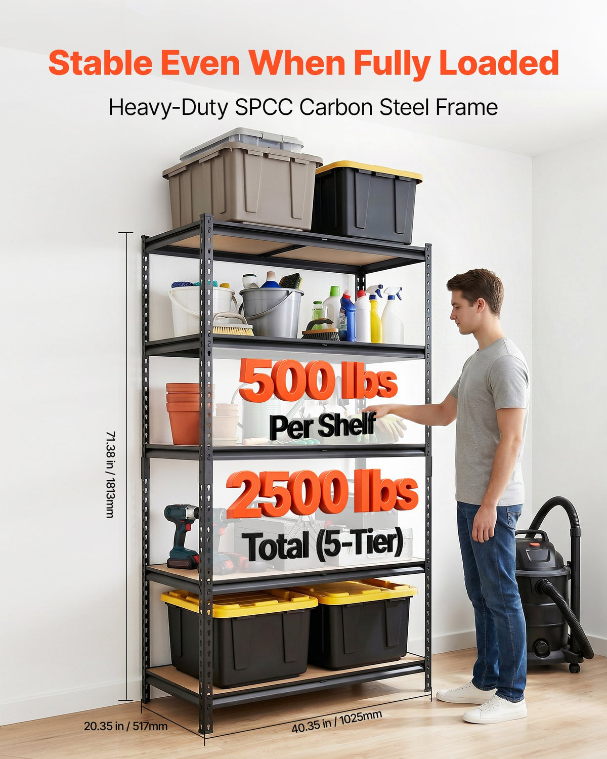 VEVOR Metal Shelving System 5 Tier, 1134 kg Load Capacity, Adjustable Storage Shelves for Garage, Warehouse, Basement and Kitchen, 1025 × 517 × 1813 mm