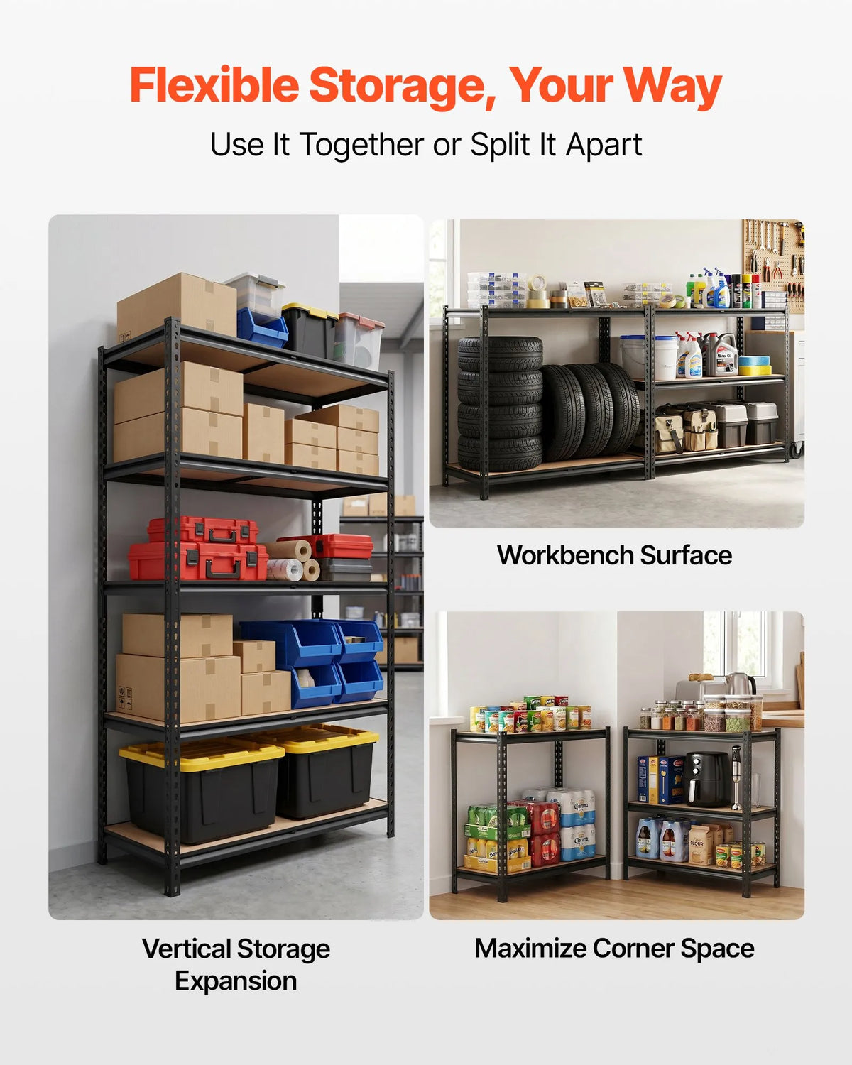 VEVOR Metal Shelving System 5 Tier, 1134 kg Load Capacity, Adjustable Storage Shelves for Garage, Warehouse, Basement and Kitchen, 1025 × 517 × 1813 mm