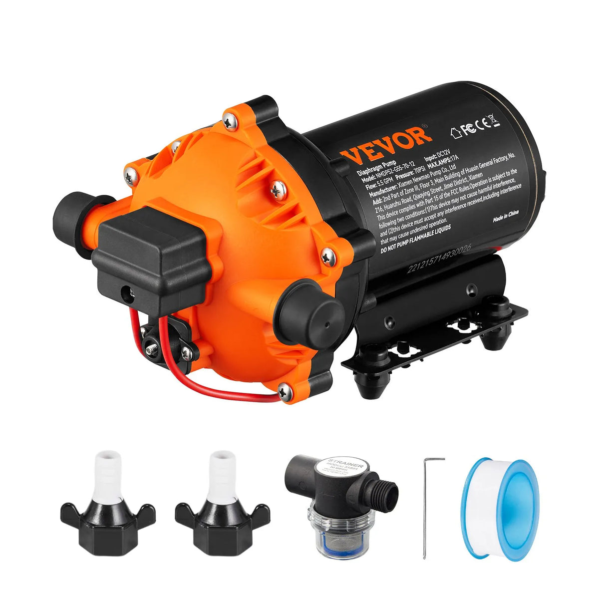 VEVOR Diaphragm Water Pump, 12 V DC, Flow Rate up to 20.8 l/min, Rated Pressure 4.8 bar (Adjustable 2.8–6.9 bar), Self-Priming Spraying Pump with Pressure Switch and G1/2 Threaded Connection for Campers, Boats and Lawn Care, FCC Certified