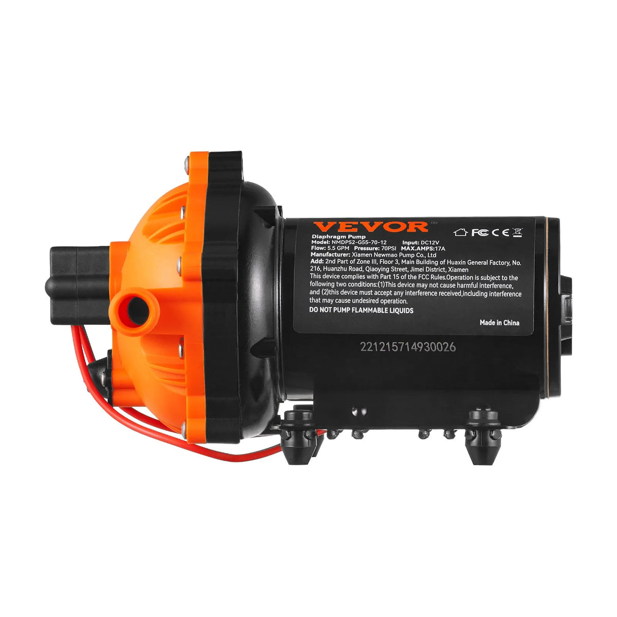 VEVOR Diaphragm Water Pump, 12 V DC, Flow Rate up to 20.8 l/min, Rated Pressure 4.8 bar (Adjustable 2.8–6.9 bar), Self-Priming Spraying Pump with Pressure Switch and G1/2 Threaded Connection for Campers, Boats and Lawn Care, FCC Certified