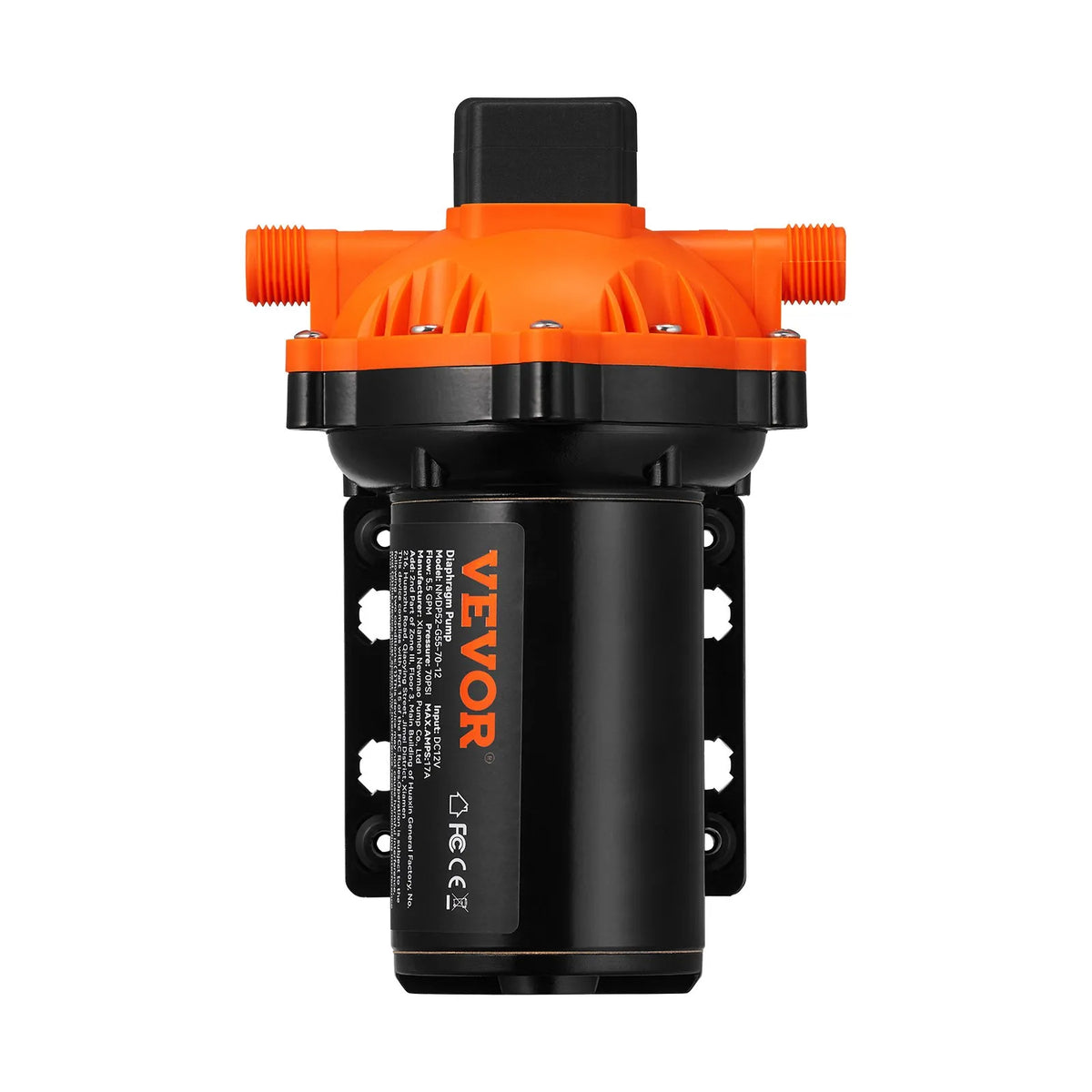 VEVOR Diaphragm Water Pump, 12 V DC, Flow Rate up to 20.8 l/min, Rated Pressure 4.8 bar (Adjustable 2.8–6.9 bar), Self-Priming Spraying Pump with Pressure Switch and G1/2 Threaded Connection for Campers, Boats and Lawn Care, FCC Certified