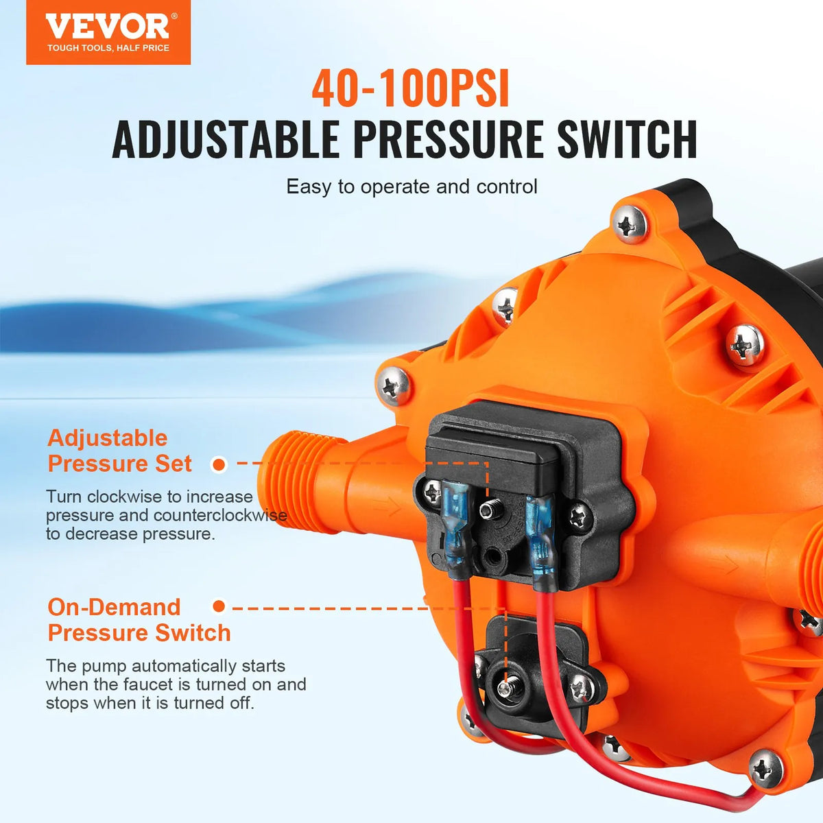 VEVOR Diaphragm Water Pump, 12 V DC, Flow Rate up to 20.8 l/min, Rated Pressure 4.8 bar (Adjustable 2.8–6.9 bar), Self-Priming Spraying Pump with Pressure Switch and G1/2 Threaded Connection for Campers, Boats and Lawn Care, FCC Certified