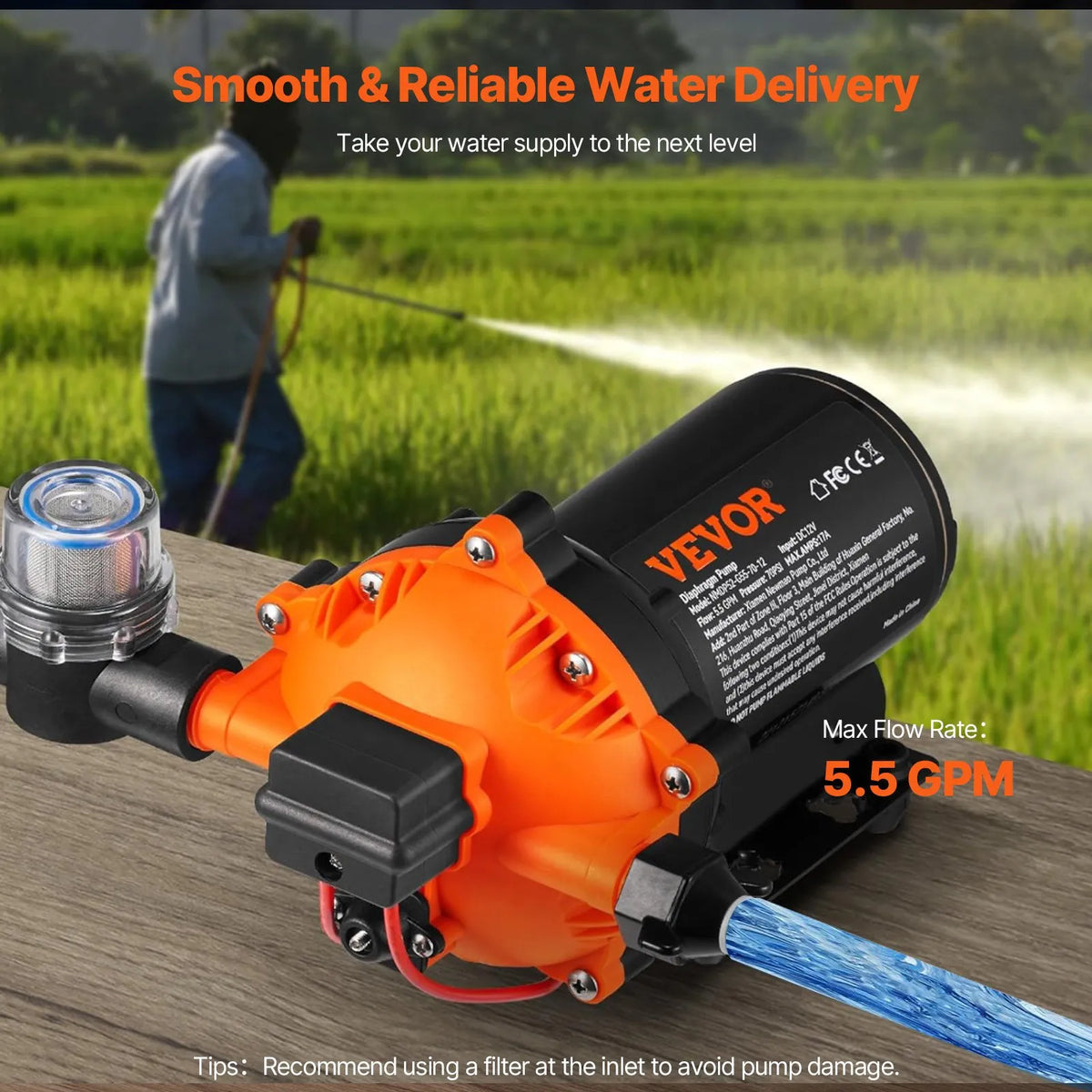 VEVOR Diaphragm Water Pump, 12 V DC, Flow Rate up to 20.8 l/min, Rated Pressure 4.8 bar (Adjustable 2.8–6.9 bar), Self-Priming Spraying Pump with Pressure Switch and G1/2 Threaded Connection for Campers, Boats and Lawn Care, FCC Certified