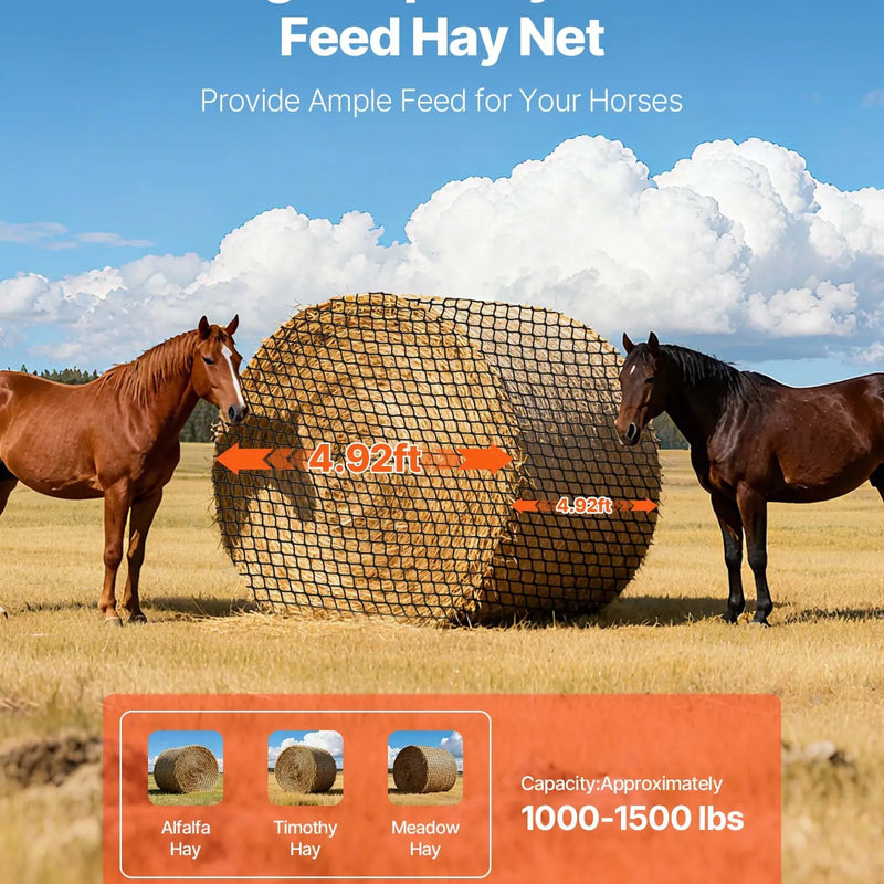 VEVOR apaļo siena ruļļu tīkls zirgiem, 1,5 × 1,5 × 1,5 m, acu izmērs 38,1 mm, no PE materiāla, bezmezglu konstrukcija, ar savilcējiem, adatas turētāju, remonta auklu un uzglabāšanas maisu, lēnās barošanas tīkls