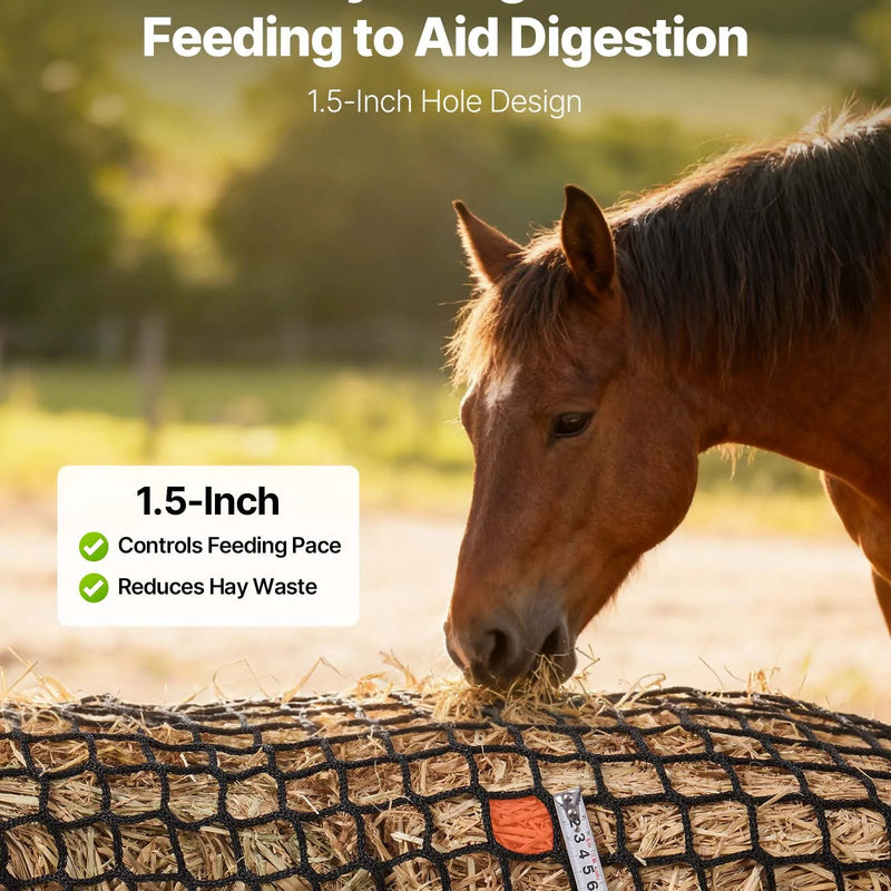 VEVOR apaļo siena ruļļu tīkls zirgiem, 1,5 × 1,5 × 1,5 m, acu izmērs 38,1 mm, no PE materiāla, bezmezglu konstrukcija, ar savilcējiem, adatas turētāju, remonta auklu un uzglabāšanas maisu, lēnās barošanas tīkls