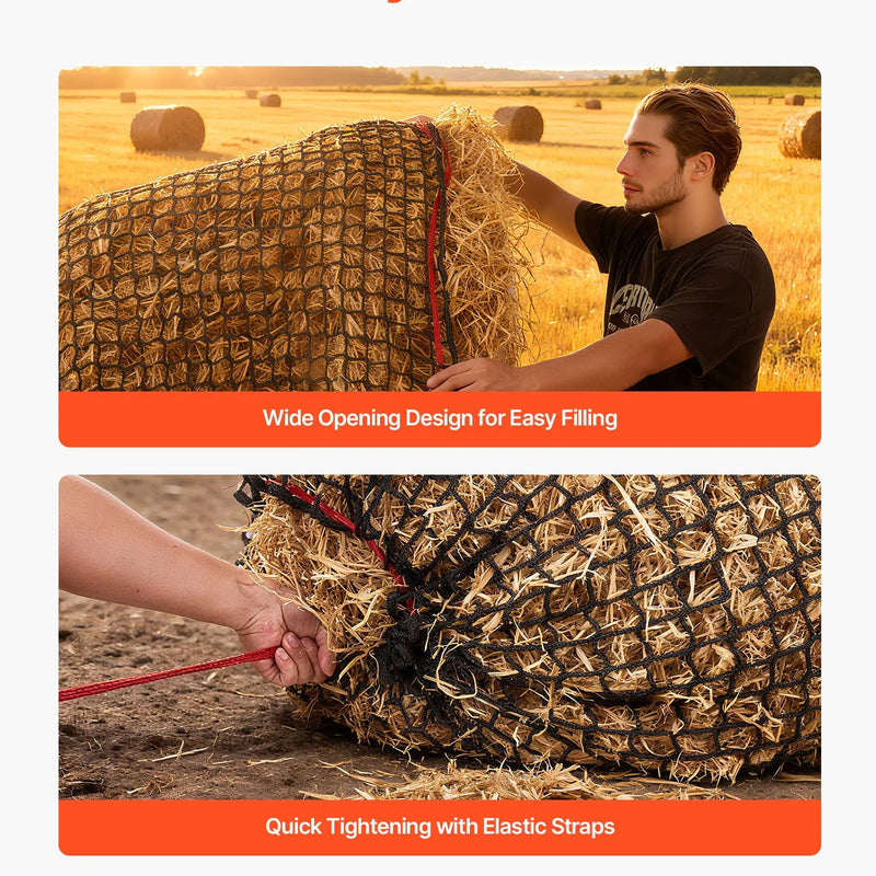 VEVOR apaļo siena ruļļu tīkls zirgiem, 1,5 × 1,5 × 1,5 m, acu izmērs 38,1 mm, no PE materiāla, bezmezglu konstrukcija, ar savilcējiem, adatas turētāju, remonta auklu un uzglabāšanas maisu, lēnās barošanas tīkls
