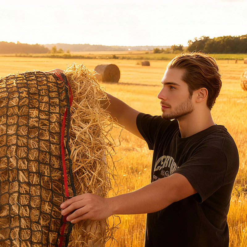 VEVOR apaļo siena ruļļu tīkls zirgiem, 1,5 × 1,5 × 1,5 m, acu izmērs 38,1 mm, no PE materiāla, bezmezglu konstrukcija, ar savilcējiem, adatas turētāju, remonta auklu un uzglabāšanas maisu, lēnās barošanas tīkls