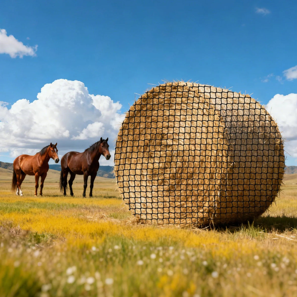 VEVOR apaļo siena ķīpu tīkls 1,8 × 1,8 × 1,8 m, acu izmērs 38,1 × 38,1 mm, PE materiāls, bezmezglu konstrukcija, komplektā savilcēji, adata, remonta aukla un uzglabāšanas soma, lēnās barošanas tīkls zirgiem - ZEMLETES.LV