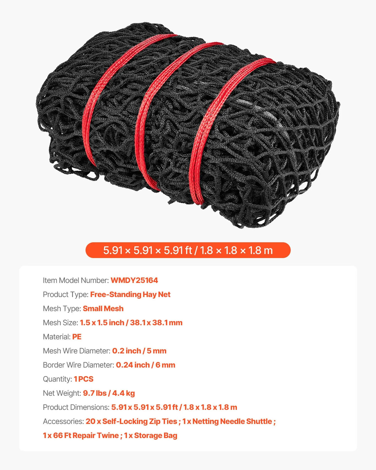 VEVOR apaļo siena ķīpu tīkls 1,8 × 1,8 × 1,8 m, acu izmērs 38,1 × 38,1 mm, PE materiāls, bezmezglu konstrukcija, komplektā savilcēji, adata, remonta aukla un uzglabāšanas soma, lēnās barošanas tīkls zirgiem - ZEMLETES.LV