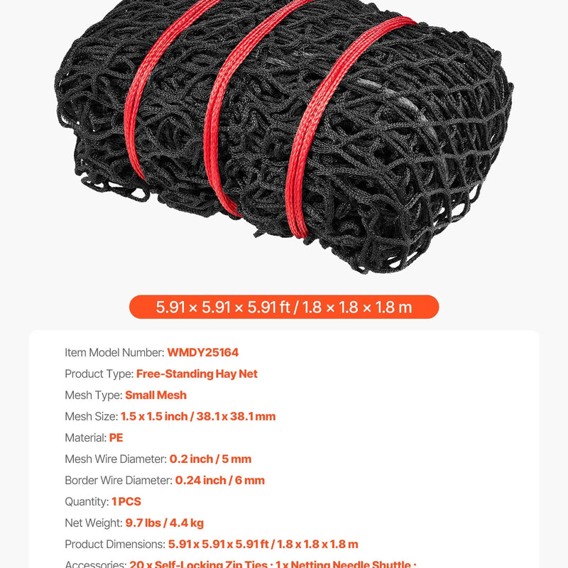 VEVOR apaļo siena ķīpu tīkls 1,8 × 1,8 × 1,8 m, acu izmērs 38,1 × 38,1 mm, PE materiāls, bezmezglu konstrukcija, komplektā savilcēji, adata, remonta aukla un uzglabāšanas soma, lēnās barošanas tīkls zirgiem - ZEMLETES.LV