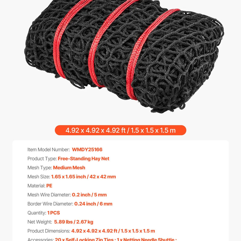 VEVOR apaļo siena ķīpu tīkls 1,5 × 1,5 × 1,5 m, acu izmērs 42 × 42 mm, PE materiāls, bezmezglu konstrukcija, komplektā pašbloķējošie savilcēji, adata un remonta aukla, lēnās barošanas tīkls zirgiem - ZEMLETES.LV
