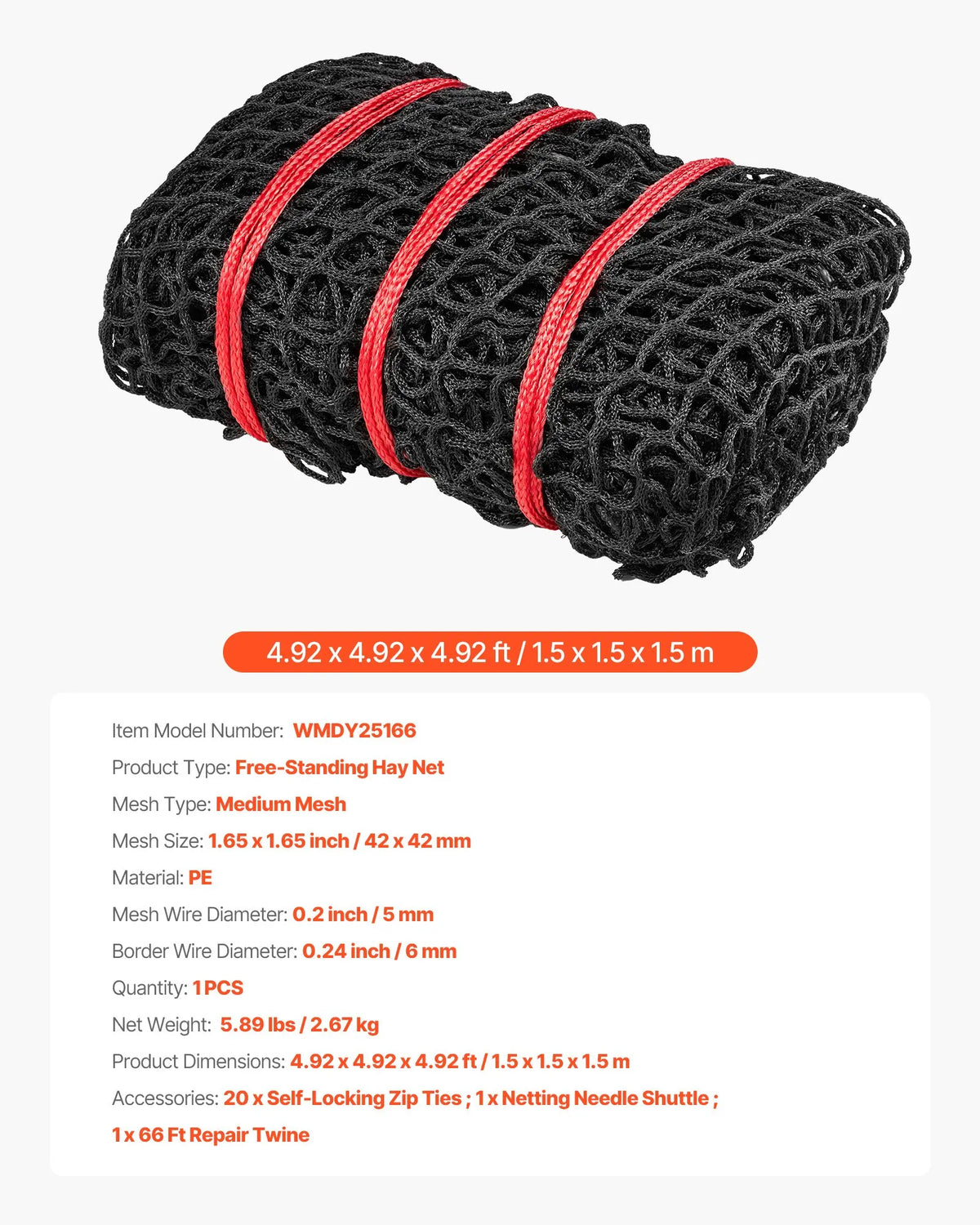 VEVOR apaļo siena ķīpu tīkls 1,5 × 1,5 × 1,5 m, acu izmērs 42 × 42 mm, PE materiāls, bezmezglu konstrukcija, komplektā pašbloķējošie savilcēji, adata un remonta aukla, lēnās barošanas tīkls zirgiem - ZEMLETES.LV