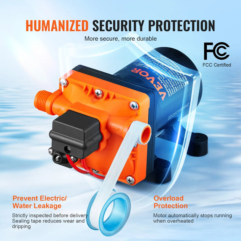 VEVOR ūdens membrānu sūknis, maks. plūsma 13,25 l/min, nominālais spiediens 3,8 bar (regulējams 2,8–5,5 bar), 12,7 mm MNPT pašiesūcošs smidzināšanas sūknis ar spiediena slēdzi kemperiem, laivām, dārza sistēmām, FCC sertificēts