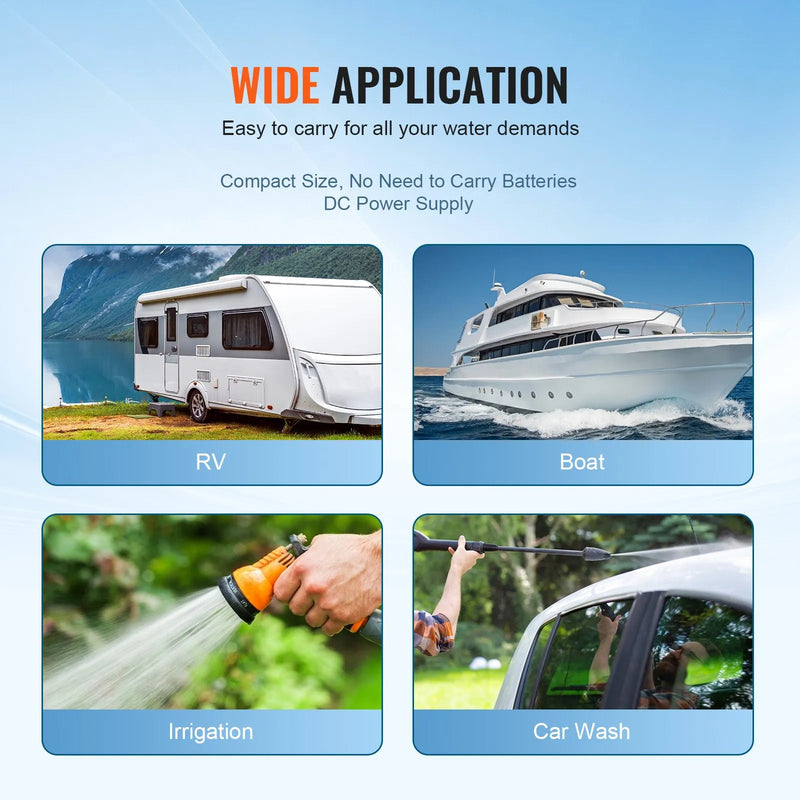 VEVOR ūdens membrānu sūknis, maks. plūsma 13,25 l/min, nominālais spiediens 3,8 bar (regulējams 2,8–5,5 bar), 12,7 mm MNPT pašiesūcošs smidzināšanas sūknis ar spiediena slēdzi kemperiem, laivām, dārza sistēmām, FCC sertificēts