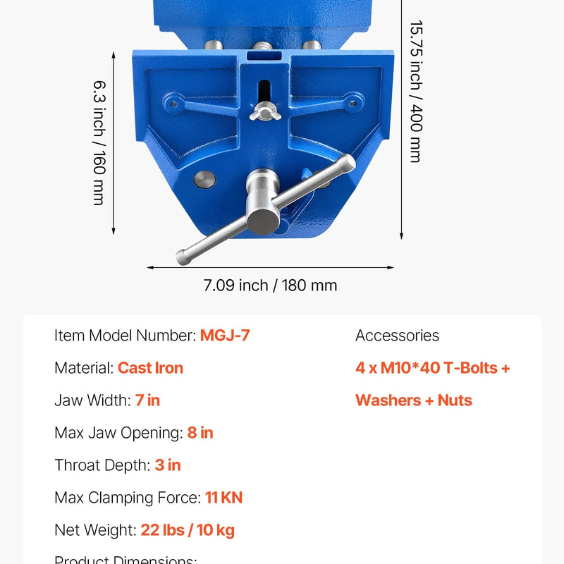 VEVOR galdniecības skrūvspīles, žokļu platums 178 mm, ātrās atbrīvošanas darbagalda skrūvspīles, maks. žokļu atvērums 203 mm, izturīga čuguna konstrukcija, regulējama priekšējā atdure, koka apstrādei un urbšanai