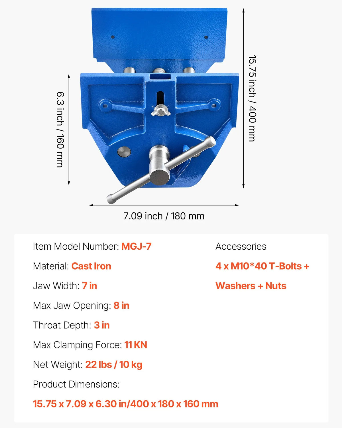 VEVOR Woodworking Clamps 178 mm with Quick Release, 203 mm Opening, Cast Iron, Adjustable Pad