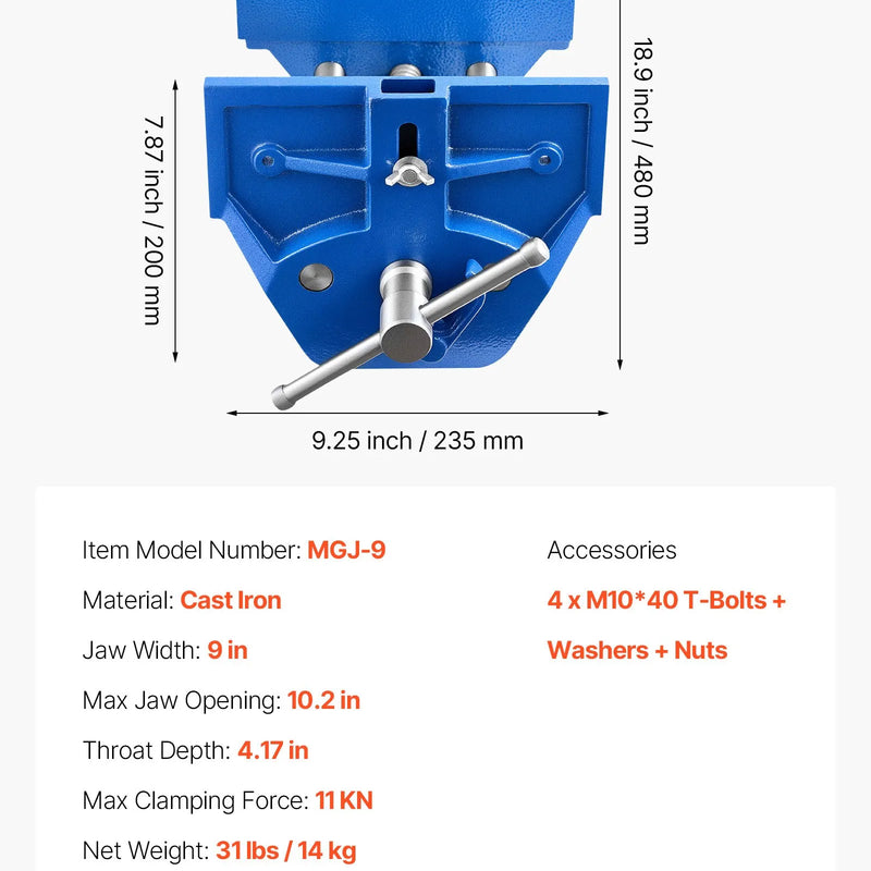VEVOR galdniecības skrūvspīles, žokļu platums 229 mm, ātrās atbrīvošanas darbagalda skrūvspīles, maks. žokļu atvērums 259 mm, izturīga čuguna konstrukcija, regulējams priekšējais atbalsts, urbšanai un koka apstrādei