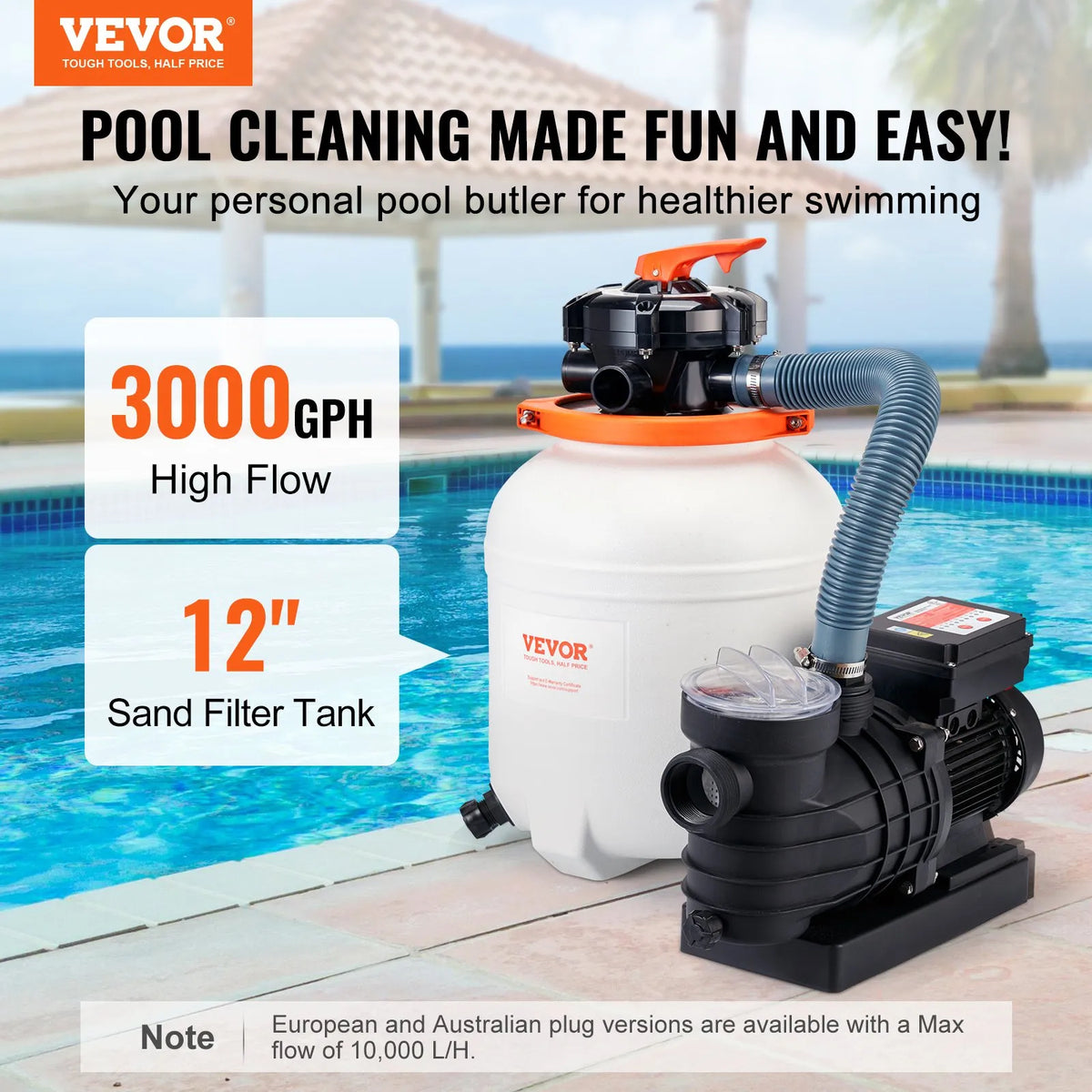 VEVOR Sand Filter Pump for Above Ground Pools, 300 mm, 10,000 l/h, 285 W, Pool Pump and Filter Set with 6-Way Multiport Valve and Strainer Basket, for Home and Commercial Use