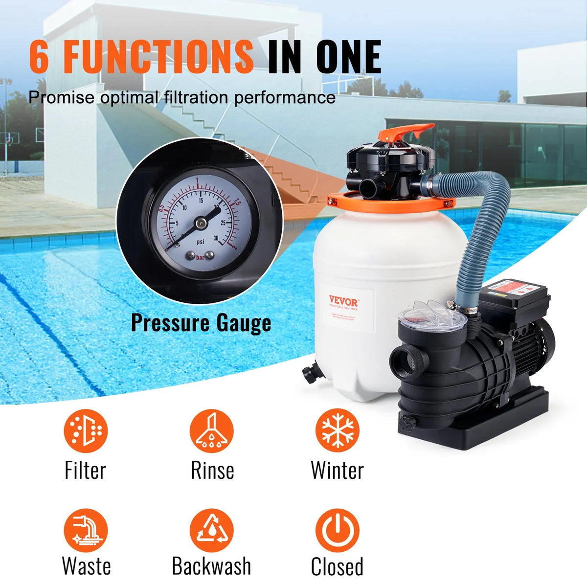 VEVOR Sand Filter Pump for Above Ground Pools, 300 mm, 10,000 l/h, 285 W, Pool Pump and Filter Set with 6-Way Multiport Valve and Strainer Basket, for Home and Commercial Use