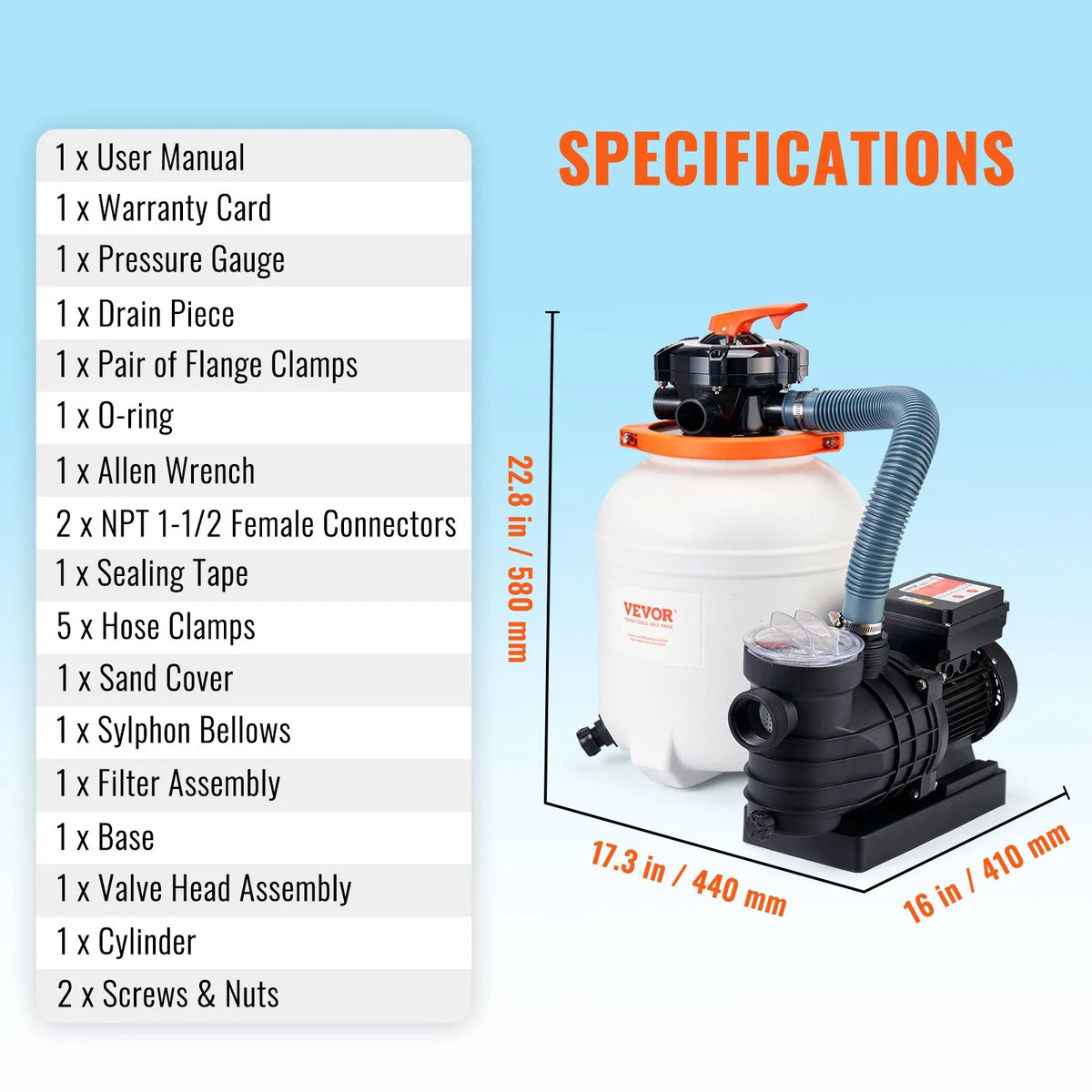 VEVOR Sand Filter Pump for Above Ground Pools, 300 mm, 10,000 l/h, 285 W, Pool Pump and Filter Set with 6-Way Multiport Valve and Strainer Basket, for Home and Commercial Use