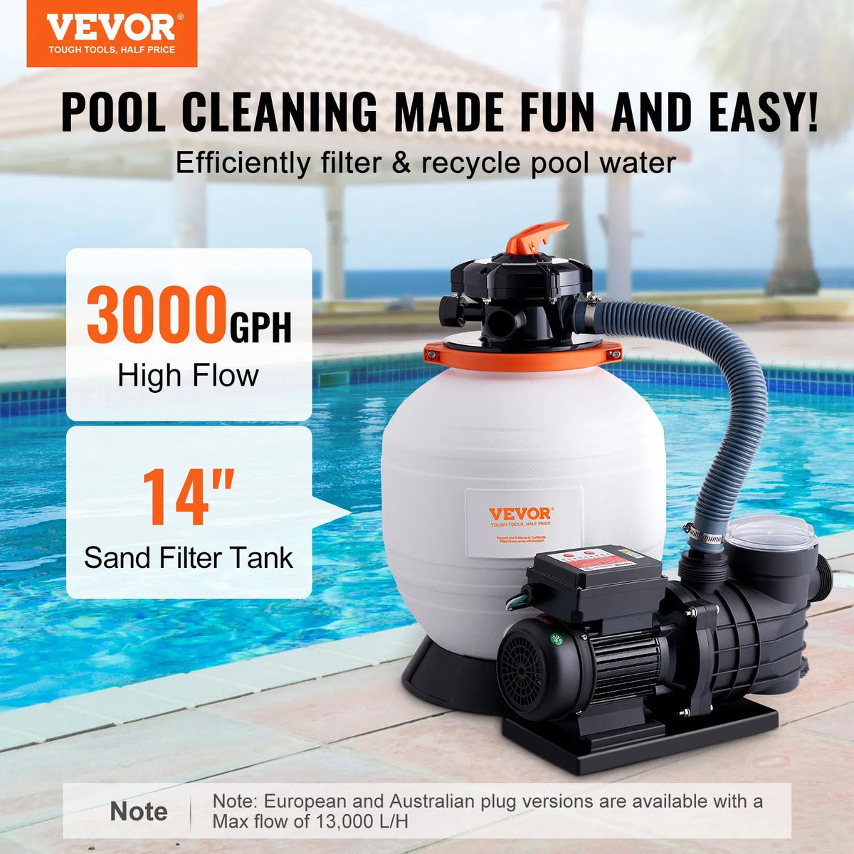 VEVOR Sand Filter Pump for Above Ground Pools, 350 mm, 13,000 l/h, 450 W, Pool Pump and Filter Set with 6-Way Multiport Valve and Strainer Basket, for Home and Commercial Use