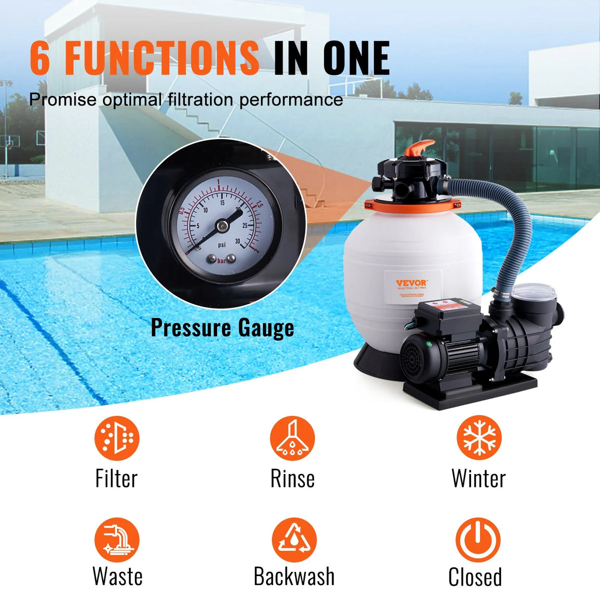 VEVOR Sand Filter Pump for Above Ground Pools, 350 mm, 13,000 l/h, 450 W, Pool Pump and Filter Set with 6-Way Multiport Valve and Strainer Basket, for Home and Commercial Use