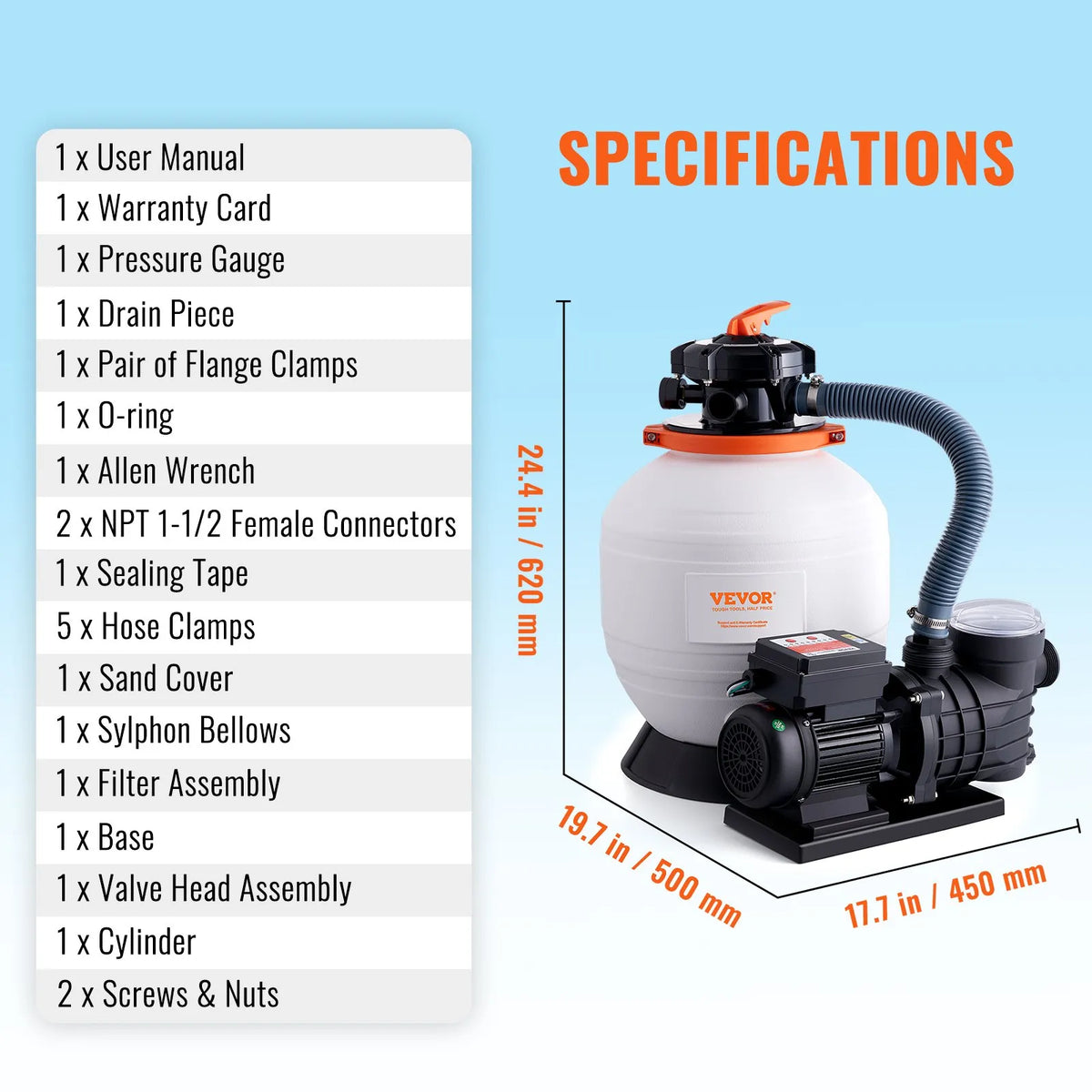 VEVOR Sand Filter Pump for Above Ground Pools, 350 mm, 13,000 l/h, 450 W, Pool Pump and Filter Set with 6-Way Multiport Valve and Strainer Basket, for Home and Commercial Use